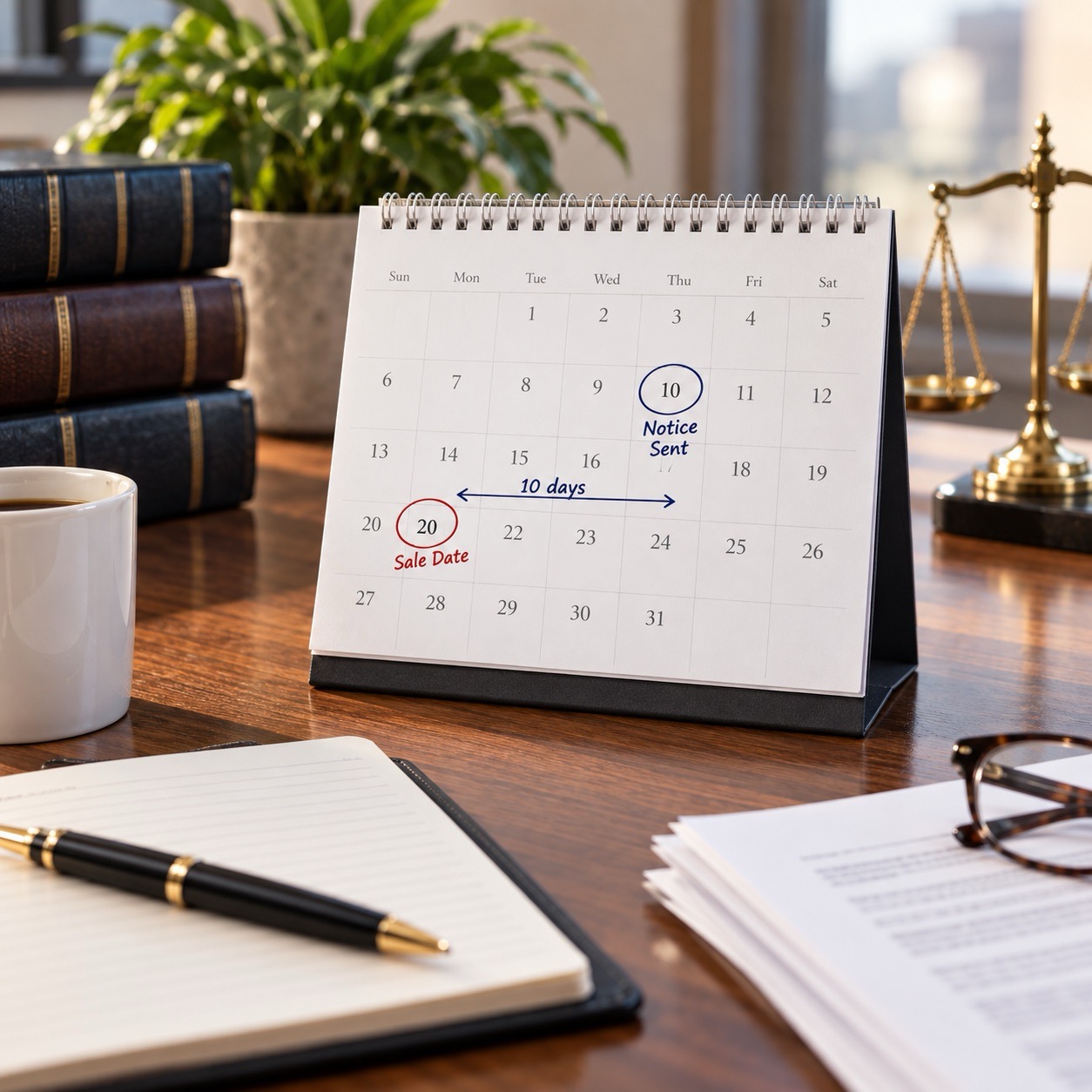Calendar illustrating the UCC Article 9 notification period before collateral sale